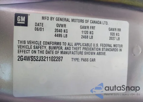 2002 Buick Century Custom из США, поврежденный, VIN 2G4WS52J321102287